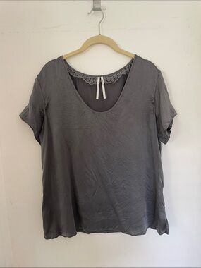 Anthropologie Gray Scoop Neck Short Sleeve Top with Lace Trim